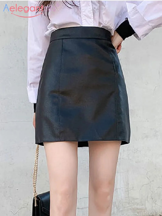 Aelegantmis Women Pu Leather Skirt Casual High Waist Mini Skirt Ladies Summer Fashion Elegant A-line Short Skirts Faux Leather