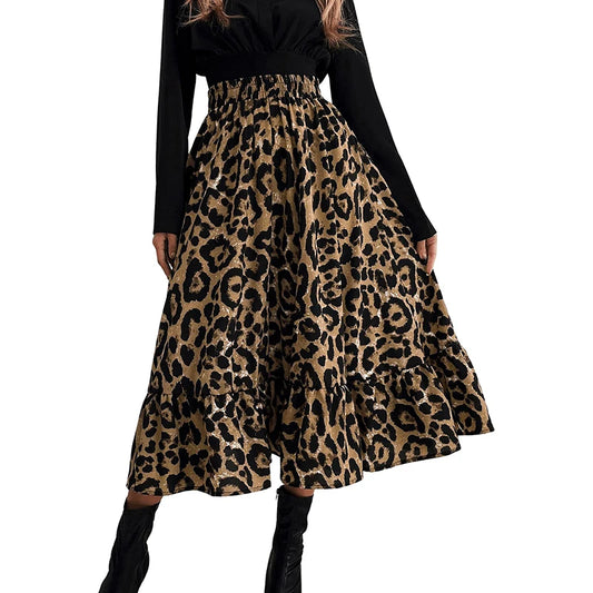 Female Midi Skirt Adults Leopard/ Flower Print High Waist Ruffle Skirt Summer Dress for Women S/M/L/XL